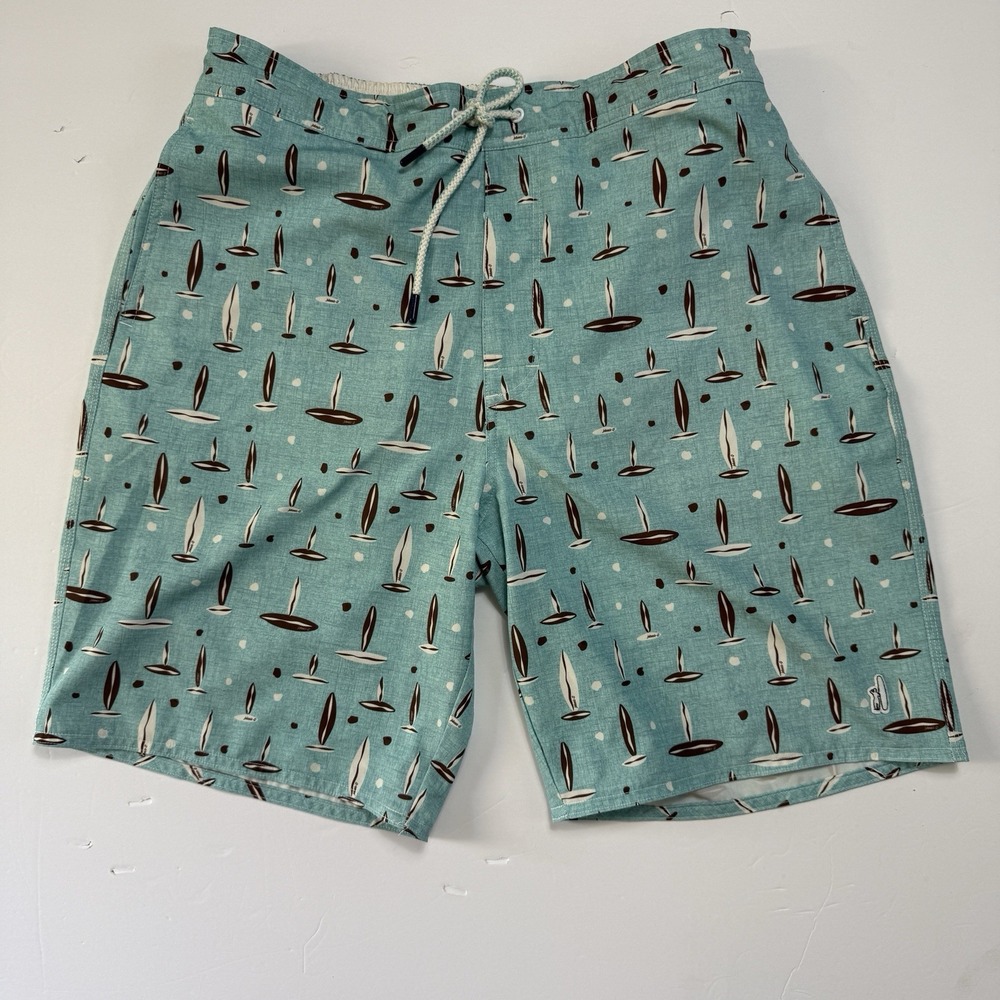 Johnnie-O Mens Nauttical Surfboard Print Swim Trunks Blue Size L Preppy Coastal